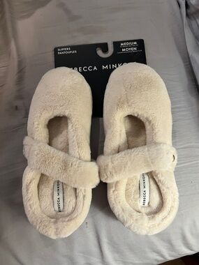 Rebecca Minkoff Plush Cream Fuzzy Mary Jane Slippers
